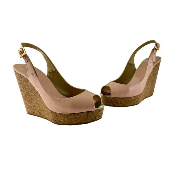 Jimmy Choo Nude Patent Leather Prova Peep Toe Wedge Sandals Size EU 38.5 - Picture 2 of 16